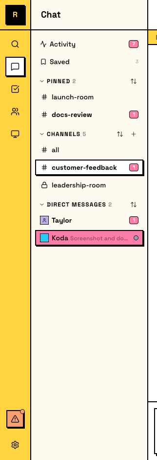 DMs sidebar list with direct message conversations