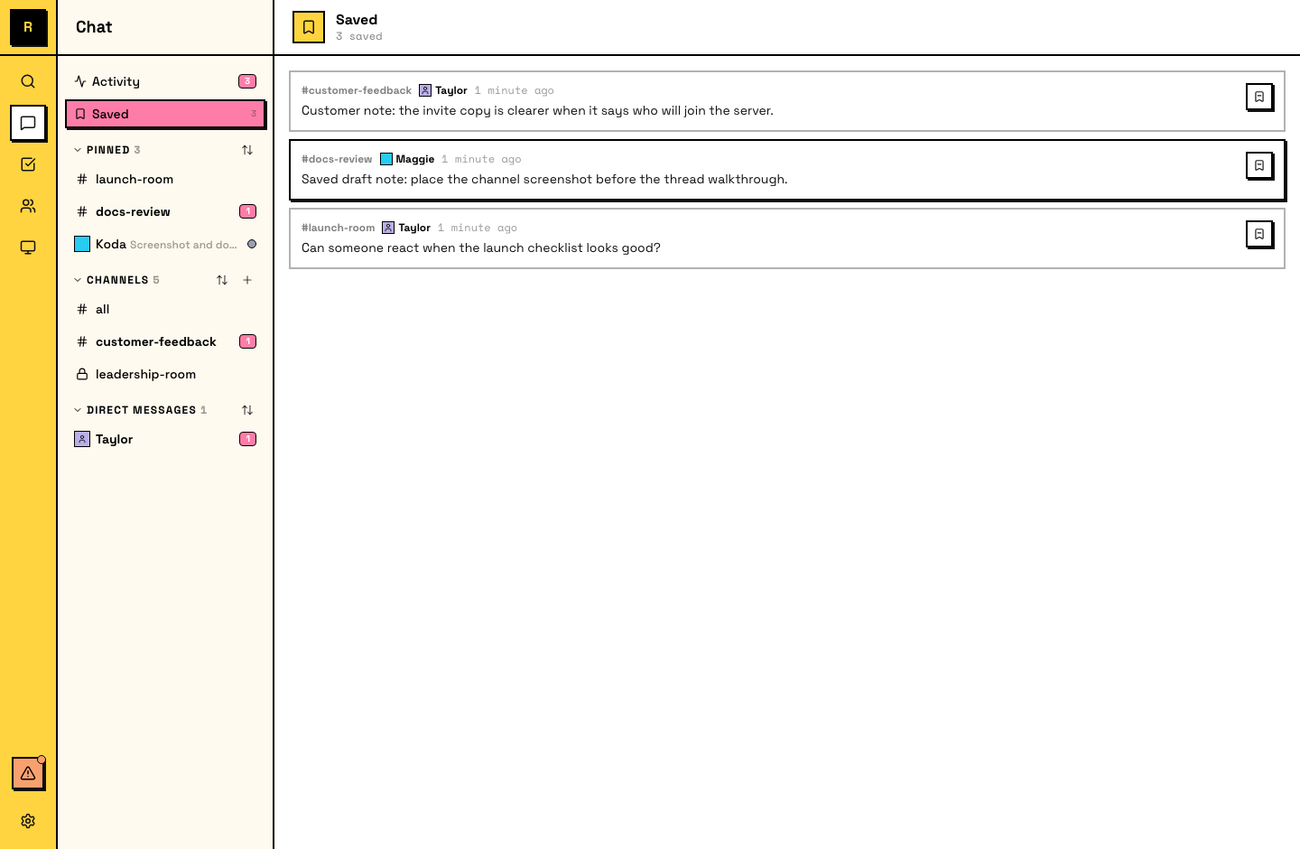 Saved sidebar with bookmarked messages